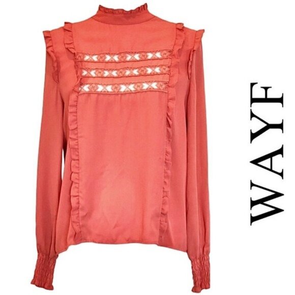 WAYF NWT Ruffle Lace Trim Back Button Up Blouse, S - Picture 1 of 10